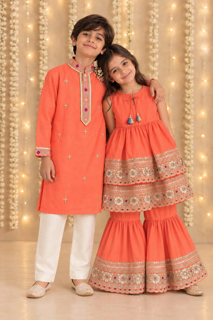 Coral embroidered placket kurta set for infant boys
