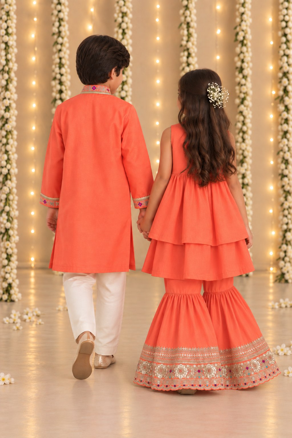 Coral embroidered placket kurta set for infant boys