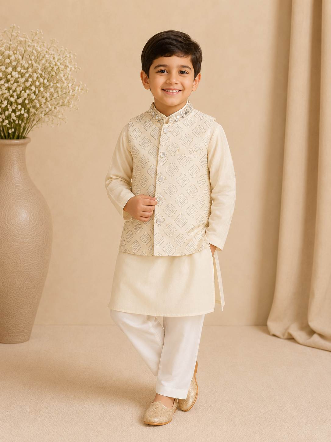 Ivory gold print bandhgala set for boys