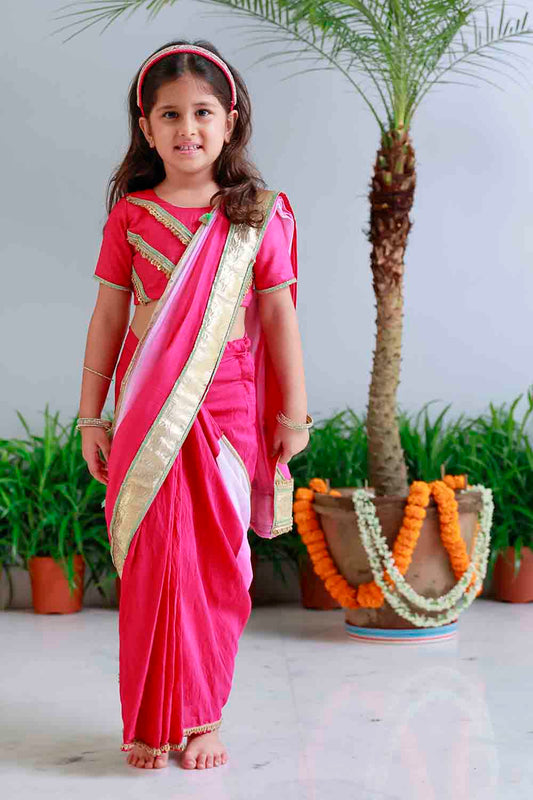 Fuchsia shaded pre draped sari for infant girls