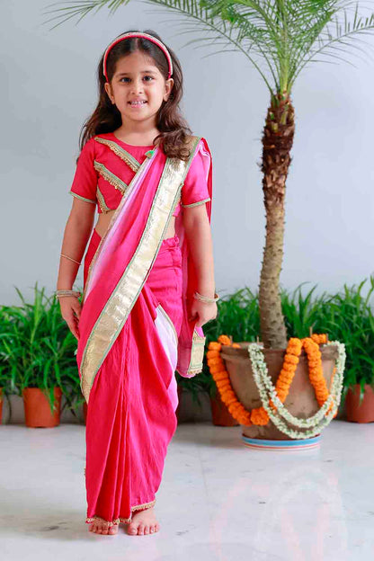 Fuchsia shaded pre draped sari for infant girls