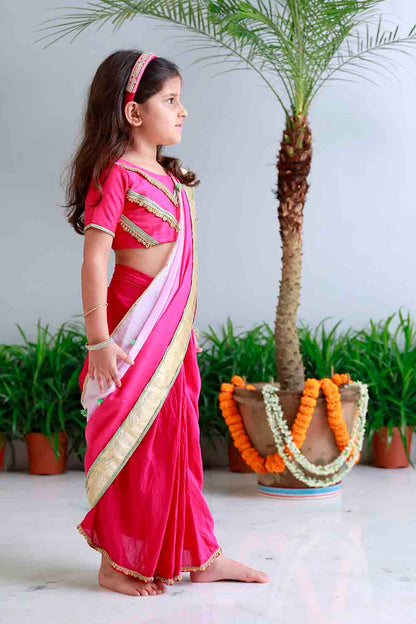 Fuchsia shaded pre draped sari for infant girls
