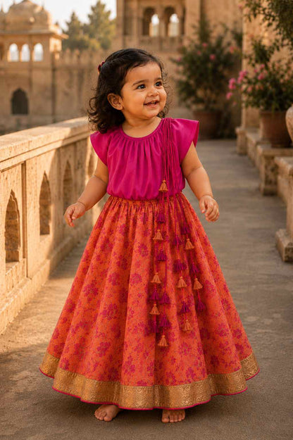 Fuschia tasseled Lehenga set for infant girls