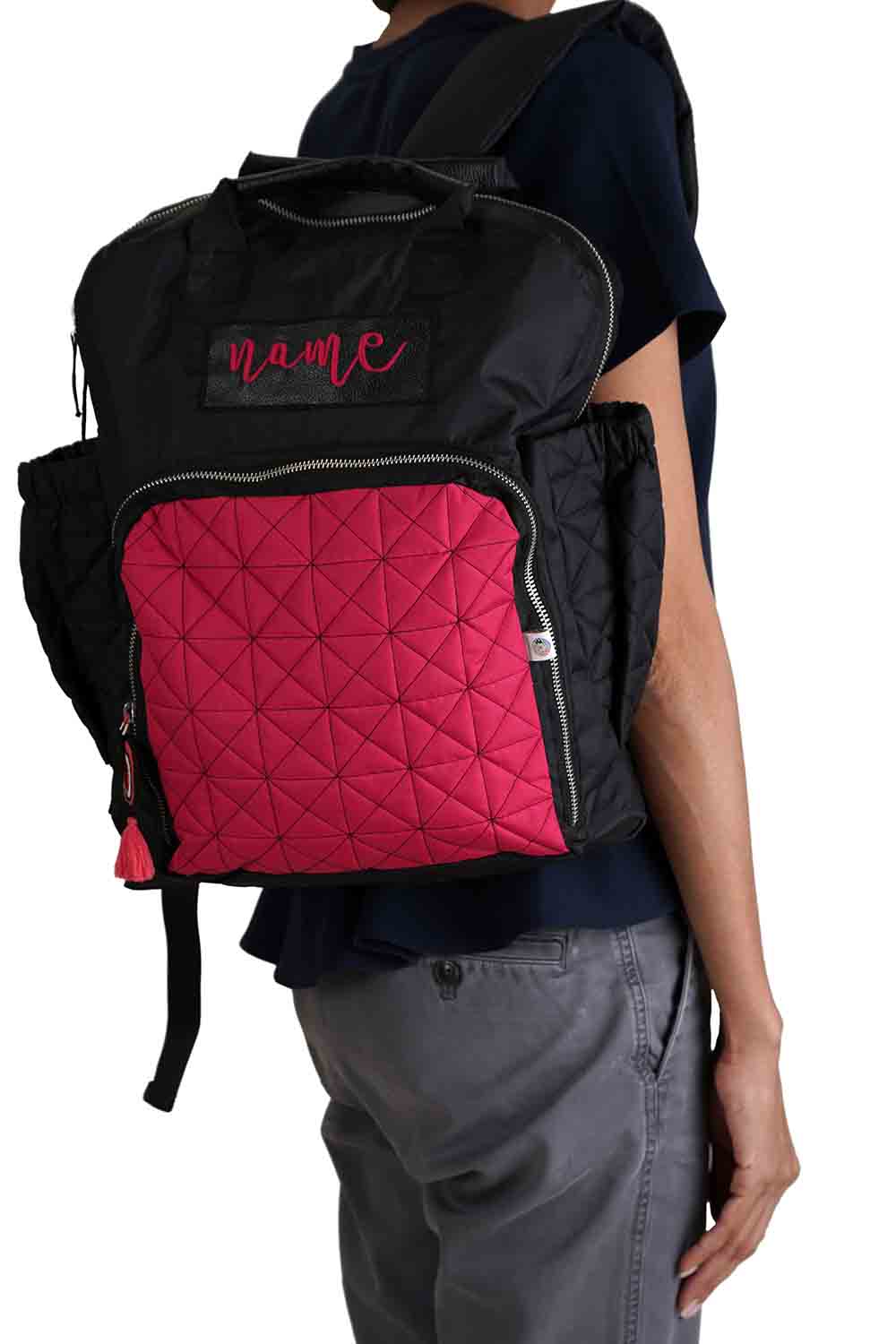 Customized Black and Fuschia Baby diaper backpack