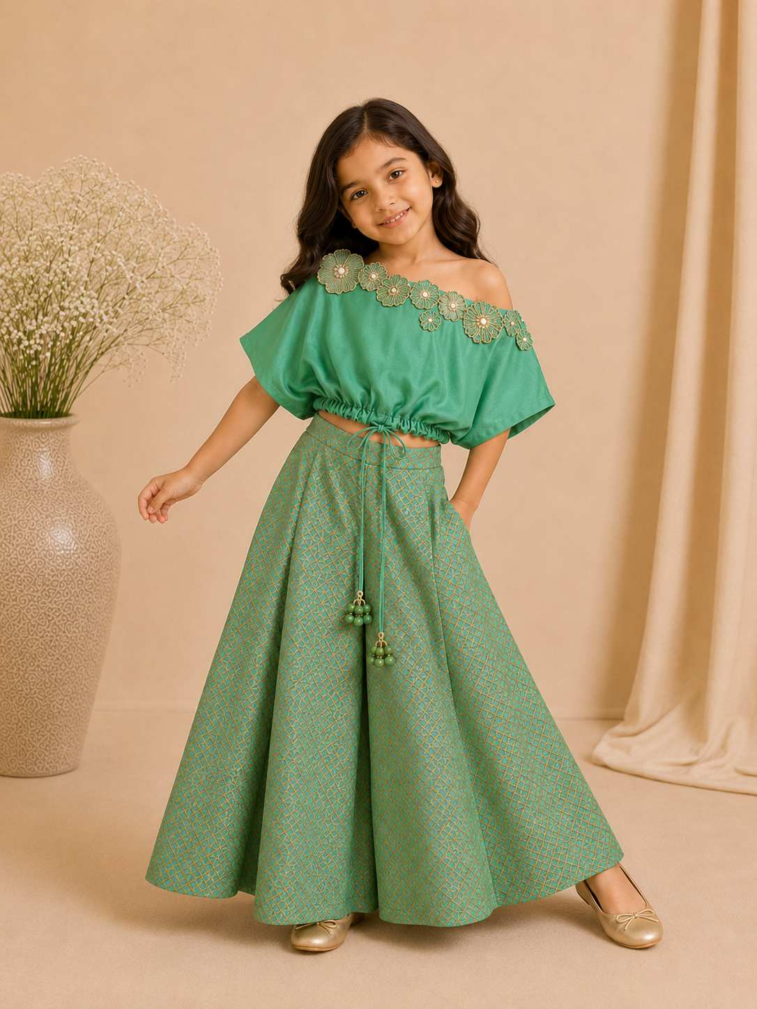 3D Off- shoulder blouse and palazzo set for girls