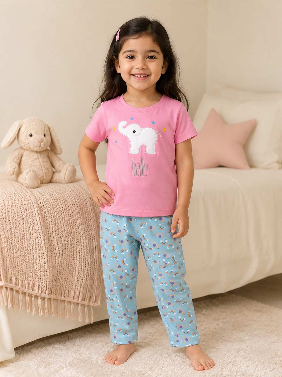 Embroidered hello elephant girls nightsuit