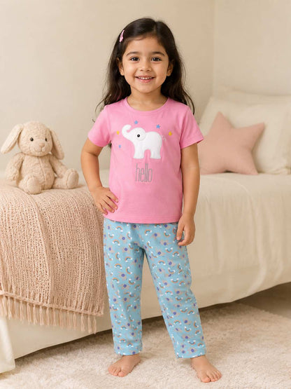 Embroidered hello elephant girls nightsuit
