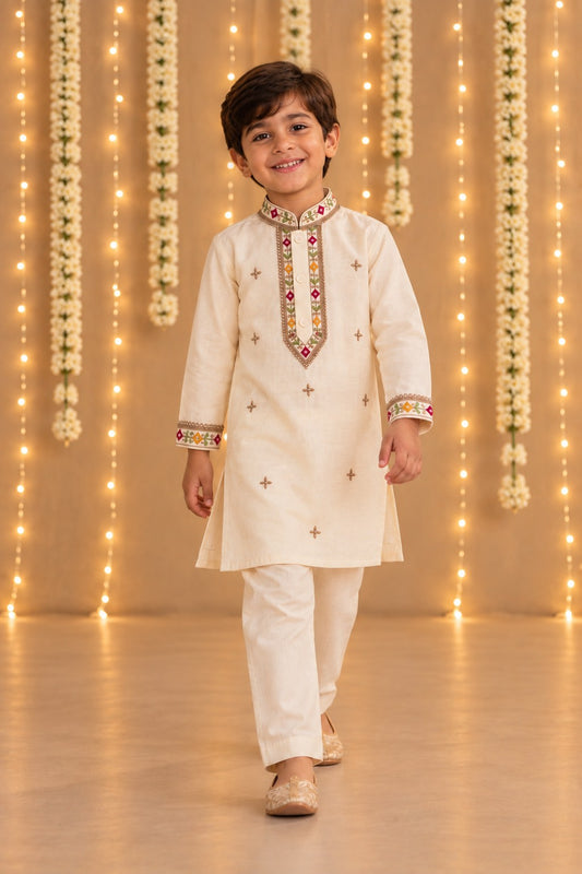 Ivory embroidered placket kurta set for infant boys