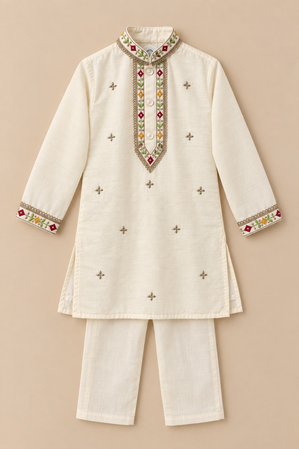 Ivory embroidered placket kurta set for boys