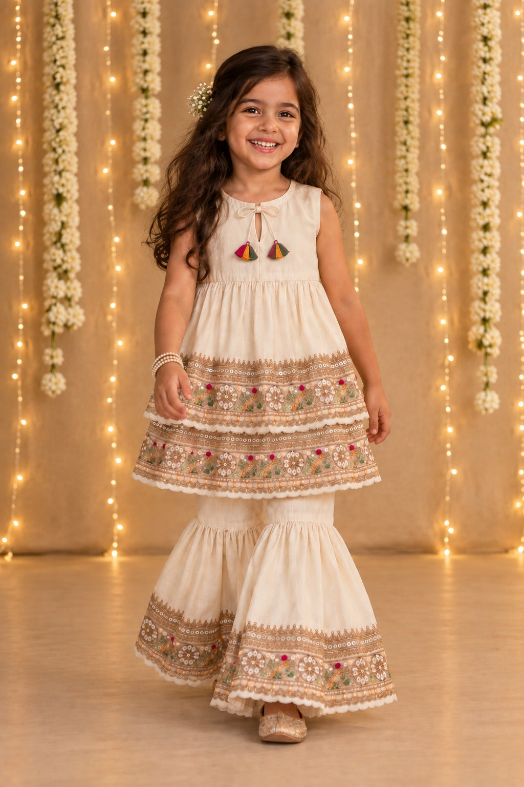 Ivory beaten gold sharara set for infant girls