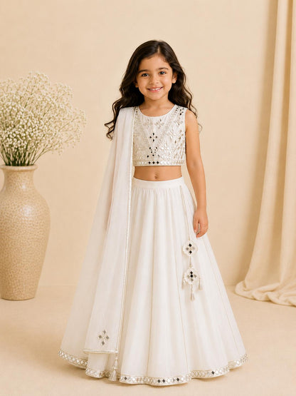Ivory Mirror embroidery lehnga with dupatta for girls