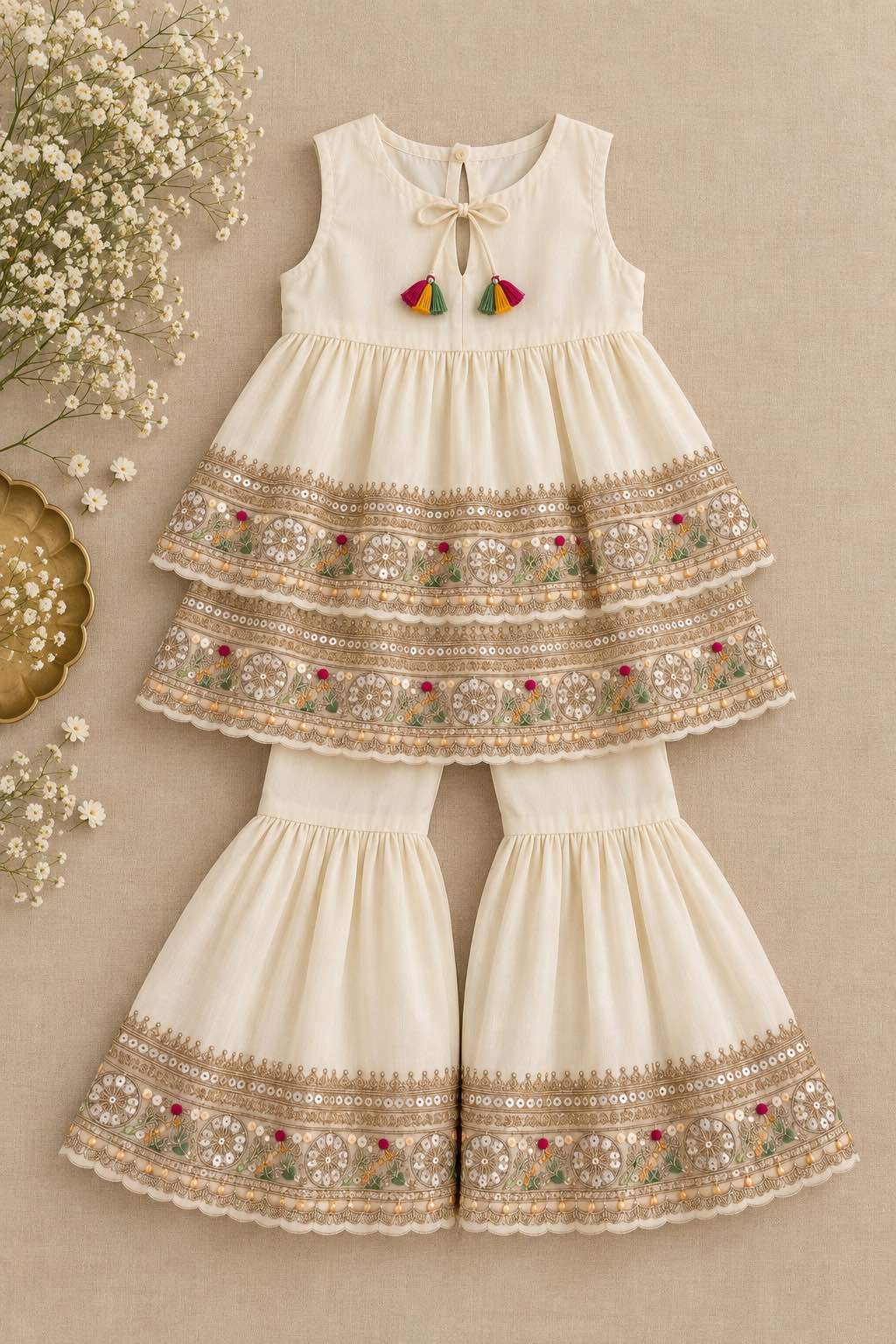 Ivory beaten gold sharara set for infant girls