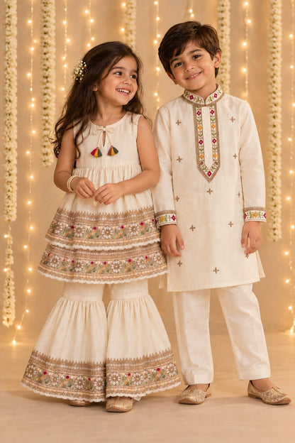 Ivory beaten gold sharara set for infant girls