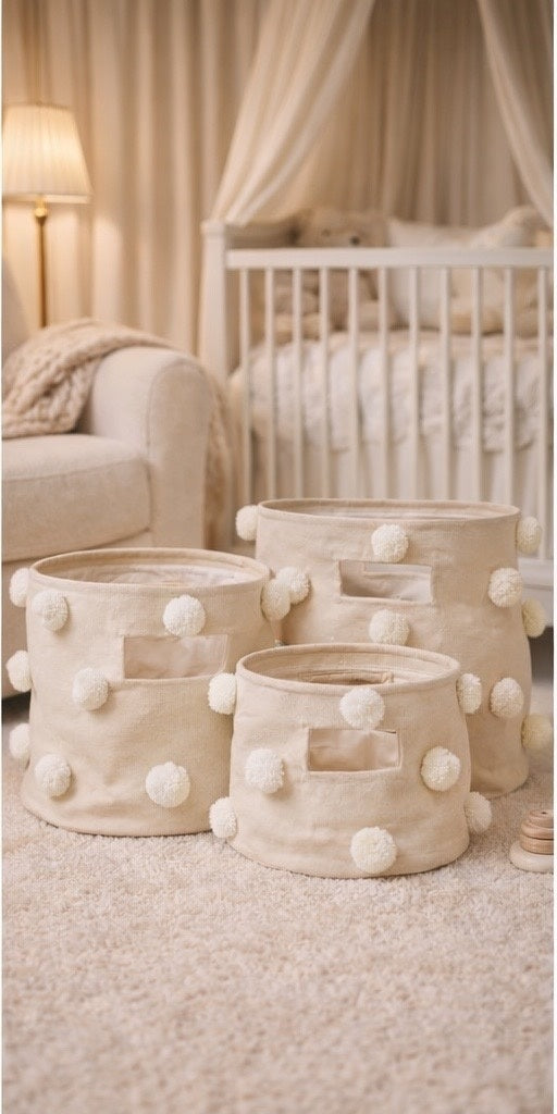 Pompom round storage basket set