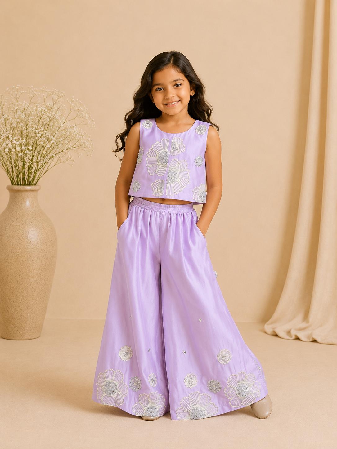 Lilac floral embroidered co ord set for girls