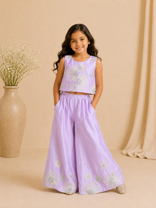 Lilac floral embroidered co ord set for girls