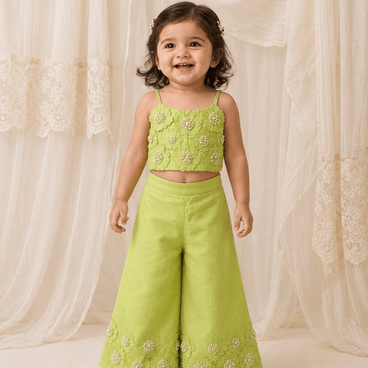 Lime embroidered floral Palazzo set for infant girls