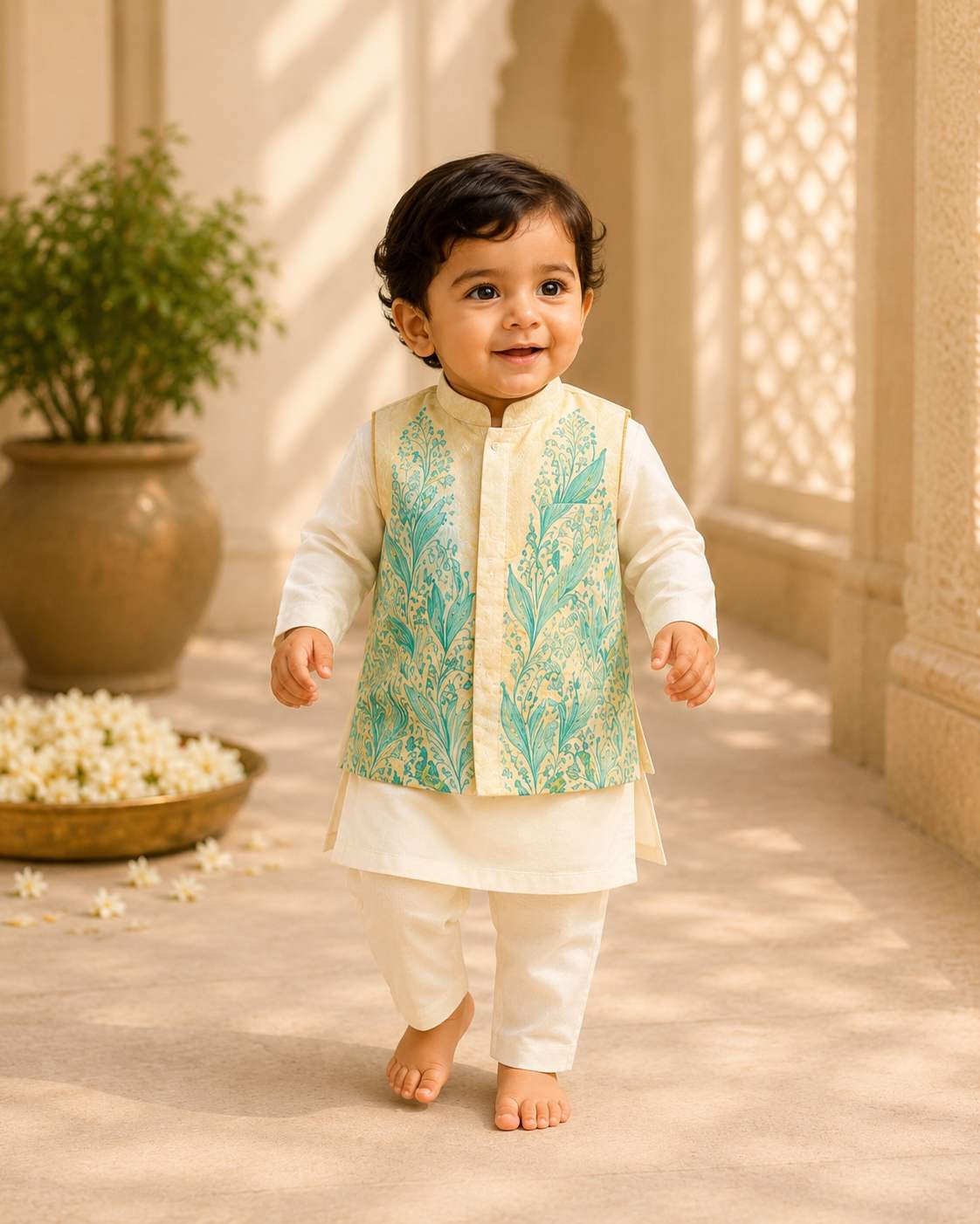 Mint floral applique bandhgala set for infant boys
