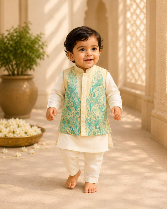 Mint floral applique bandhgala set for infant boys