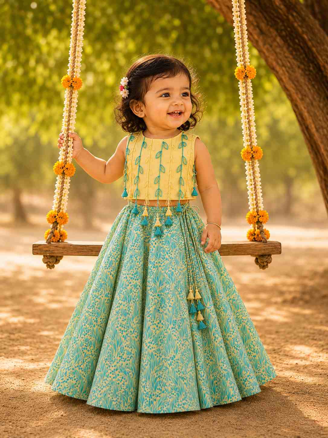 Mint leaf tassel lehenga set for infant girls
