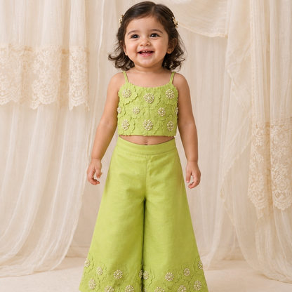 Lime embroidered floral Palazzo set for infant girls