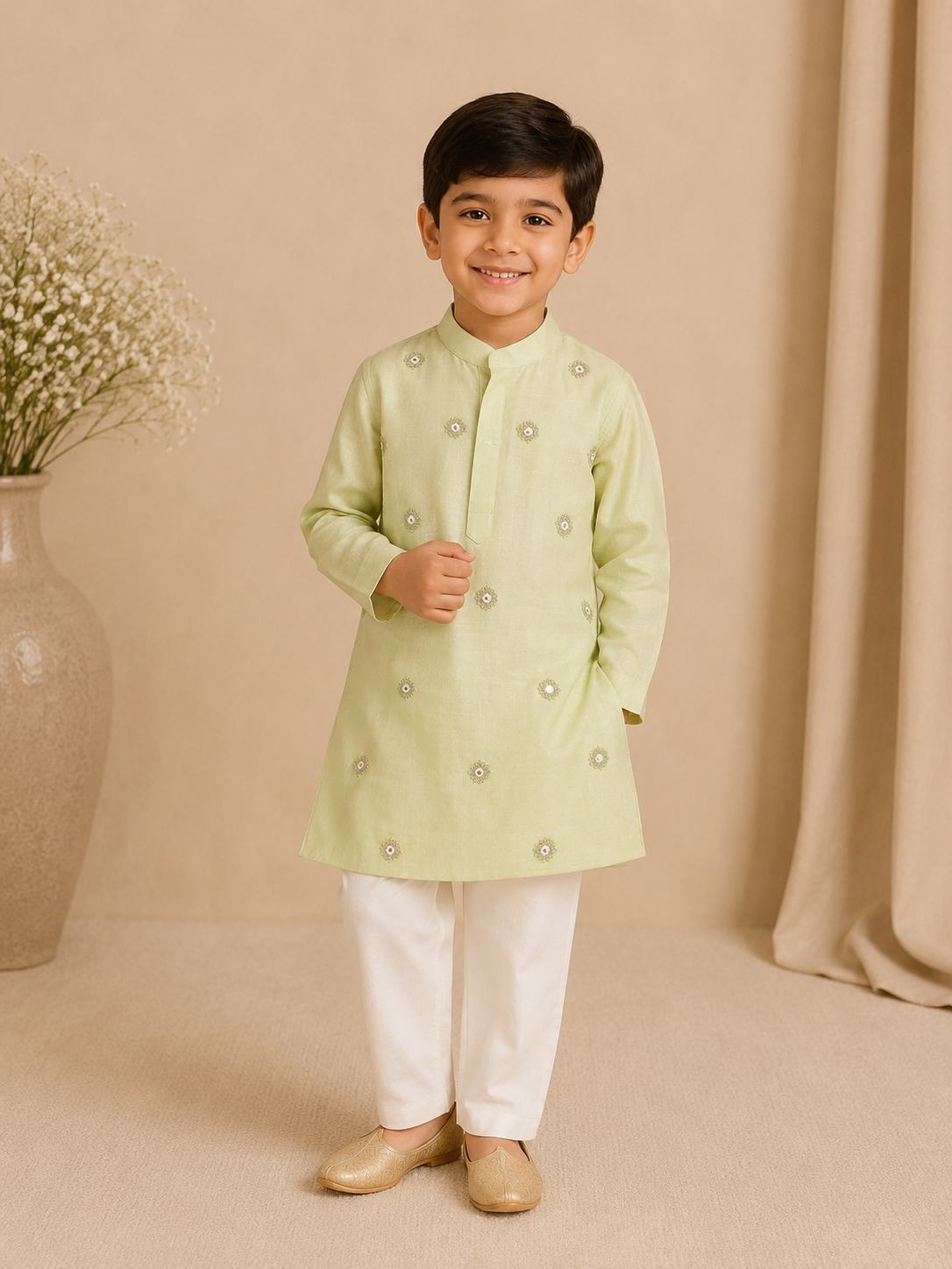Mint all over embroidered kurta set for boys