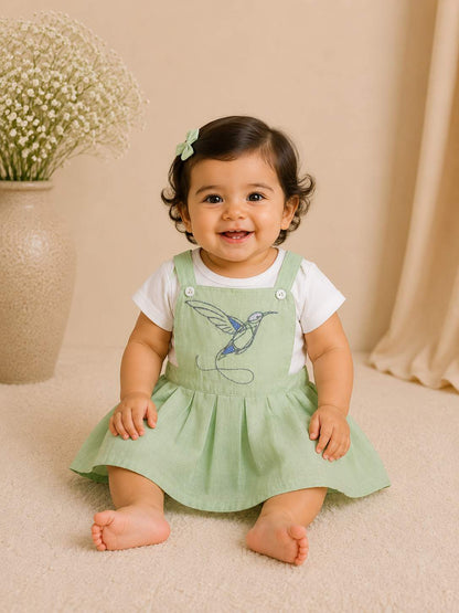 Embroidered bird infant girls pinafore dress
