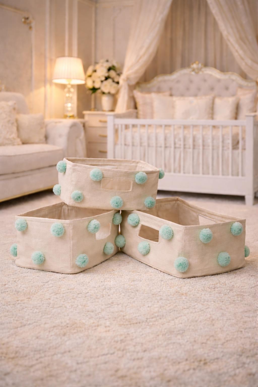 Pompom rectangle storage basket set