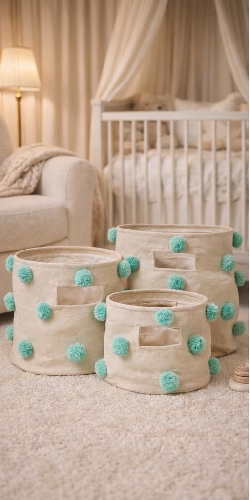 Pompom round storage basket set