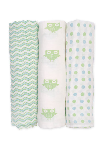 Set of 3 printed blue mint swaddles