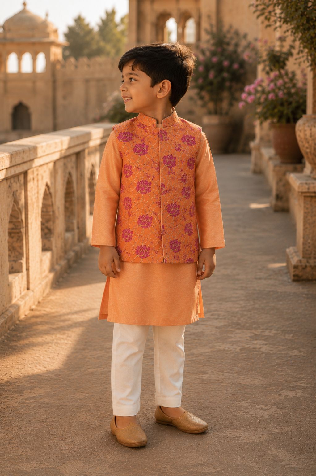 Orange floral printed bandhgala set for infant boys