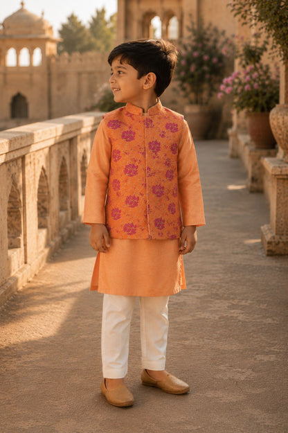 Orange floral printed bandhgala set for infant boys