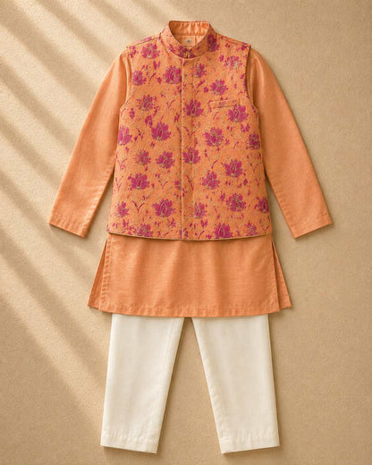 Orange floral printed bandhgala set for infant boys