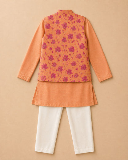 Orange floral printed bandhgala set for infant boys