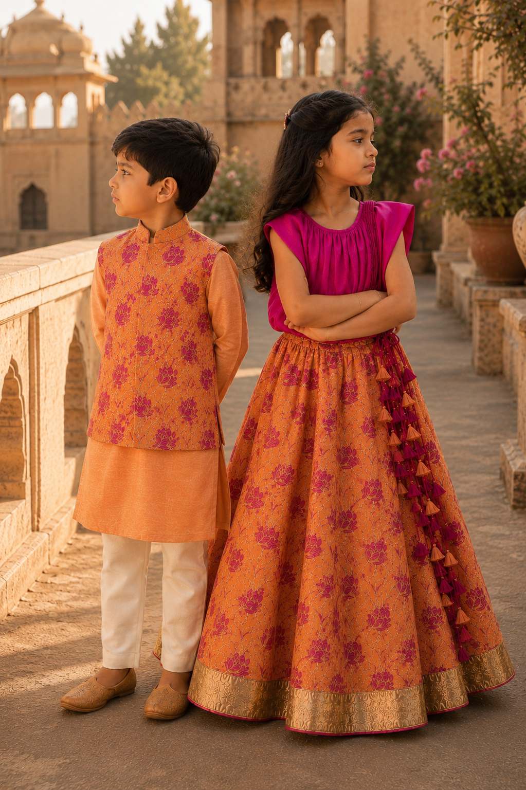 Orange floral printed bandhgala set for infant boys