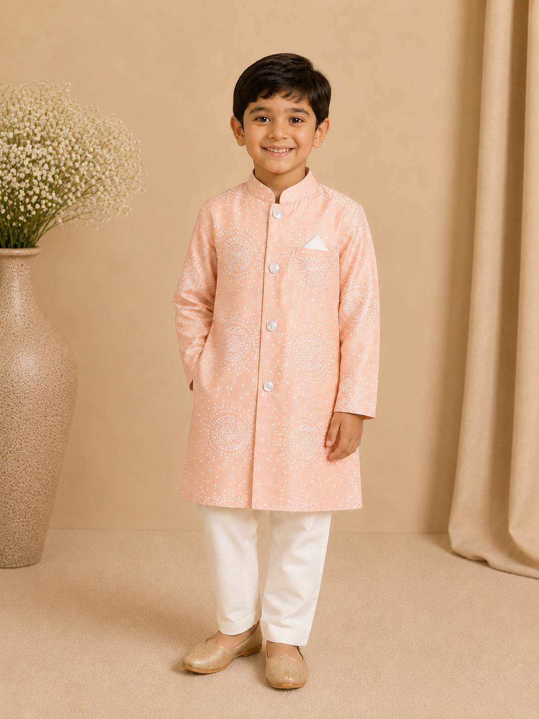 Peach bandhej sherwani set for boys