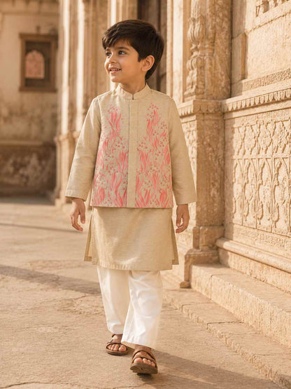 Pink floral applique bandhgala set for boys