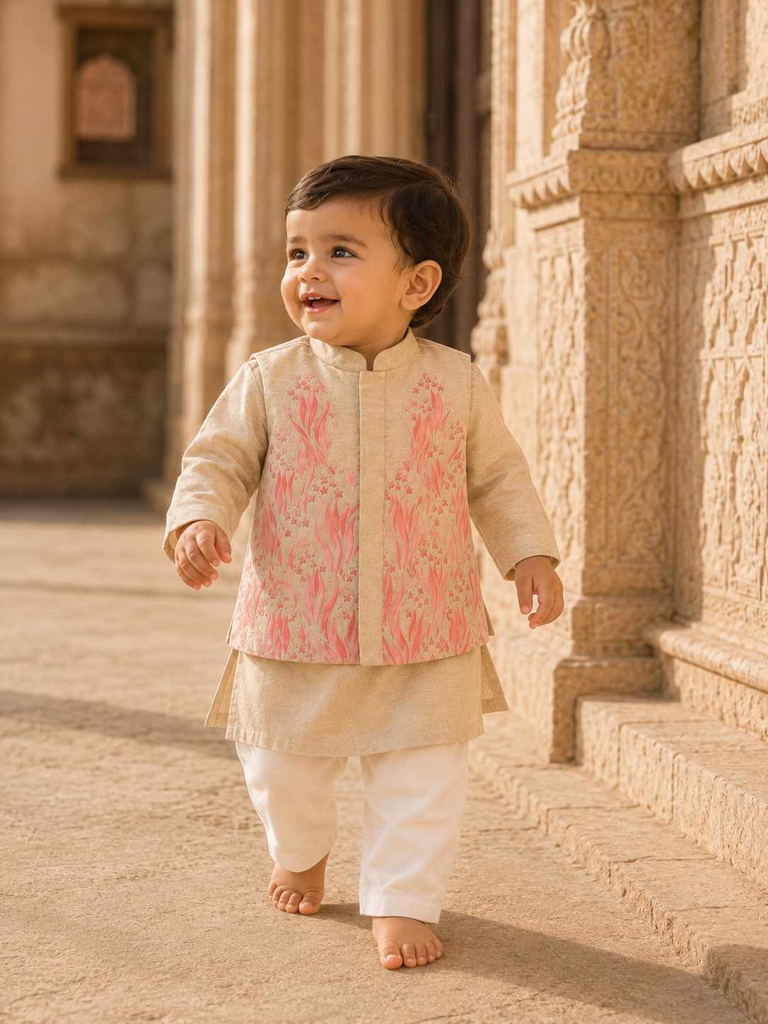 Pink floral applique bandhgala set for infant boys