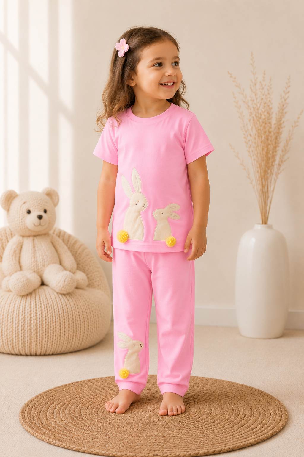 Fluffy embroidered bunny nightsuit for girls