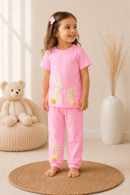 Fluffy embroidered bunny nightsuit for girls