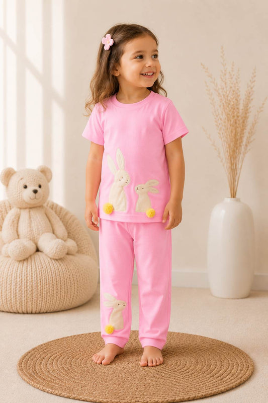 Fluffy embroidered bunny nightsuit for girls