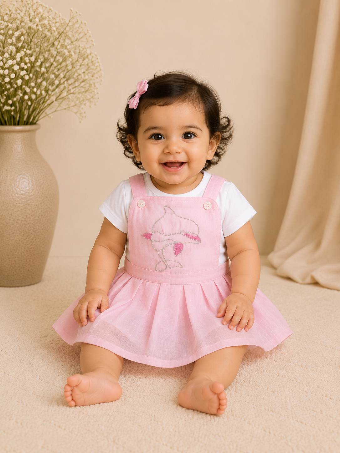 Embroidered dolphin infant girls pinafore dress