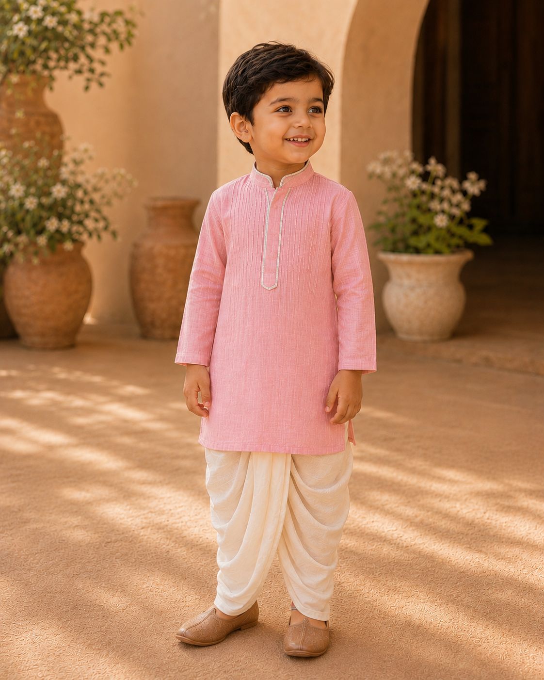 Pink pintuck kurta set for boys