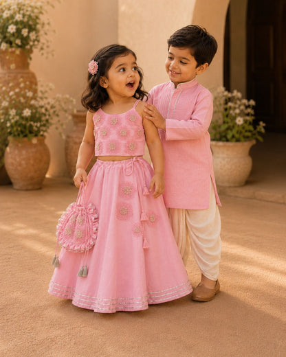 Pink pintuck kurta set for boys