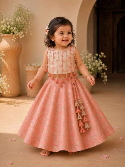 Pink leaf tassel lehnga set for infant girls