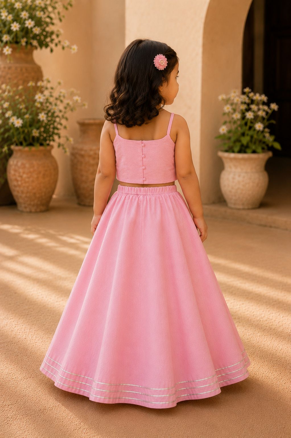 Pink floral embroidered lehenga set for infant girls