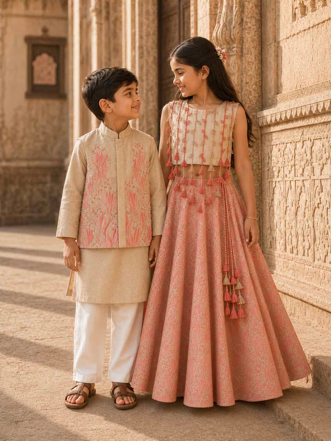 Pink floral applique bandhgala set for boys