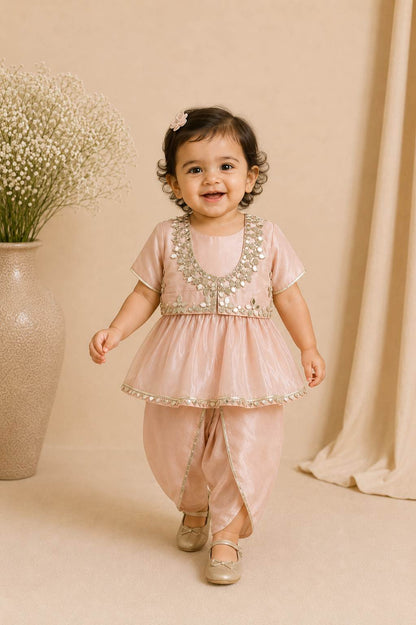 Mirror embroidery tissue dhoti set for infant girls