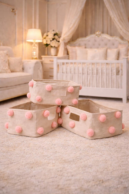 Pompom rectangle storage basket set
