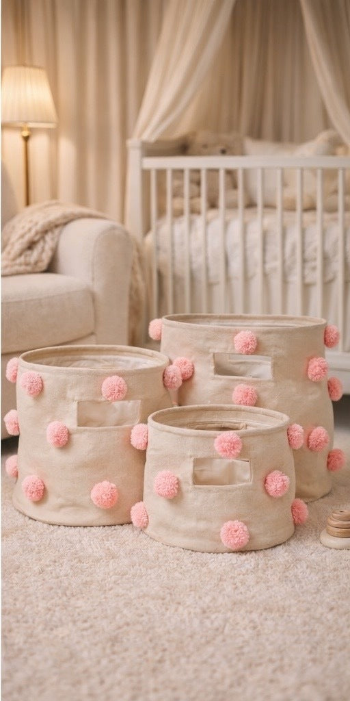 Pompom round storage basket set